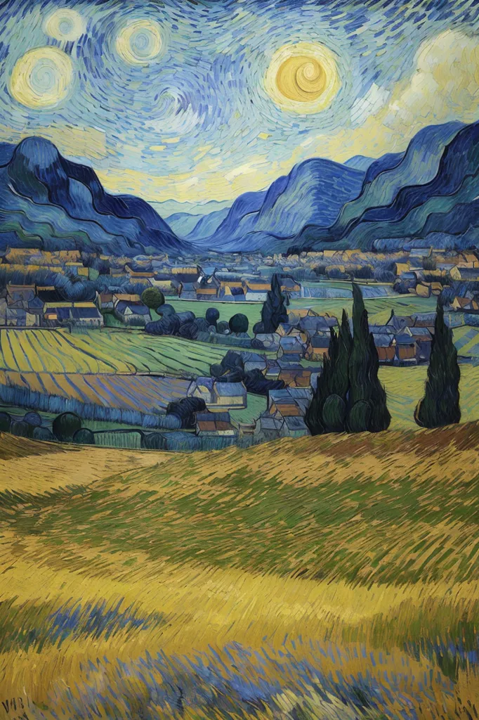 _The painting is in a post-impressionist style and depicts a view of Saint-Rémy-de-Provence, France. The foreground is dominated by a field of wheat, with a small village and mountains in the background. The sky is a swirling mass of blue and white clouds, with two suns. The painting is full of vibrant colors and thick brushstrokes, and it conveys a sense of movement and energy. It was painted in 1889 by Vincent van Gogh.