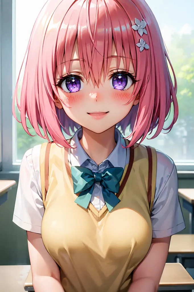 The image shows a young girl with pink hair and purple eyes. She is wearing a white shirt and a yellow vest. She has a green bow tie and a flower in her hair. She is sitting in a classroom and she is smiling.