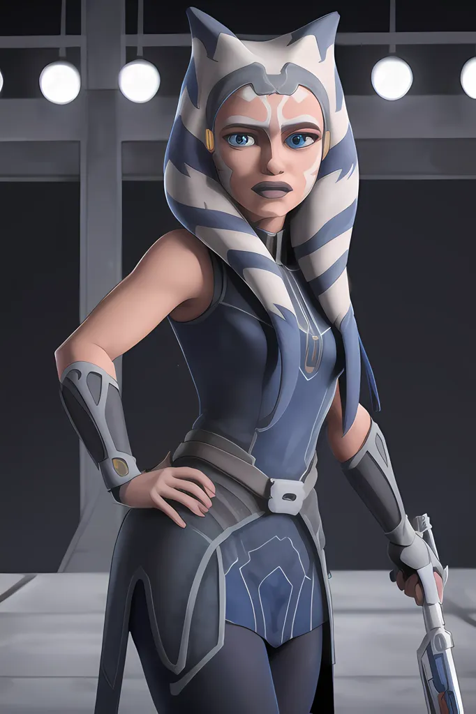 This is a photo of Ahsoka Tano from the Star Wars universe. She is a Togruta, a species with montrals (head tails) and lekku (head tentacles). She is wearing her montrals in a bun-like style. She is wearing a blue and gray outfit with a white belt and a kama (skirt-like garment). She is also wearing a pair of gauntlets and a utility belt. She is holding a blaster pistol in her right hand. She is standing in a confident pose, with her left hand on her hip. She has a determined expression on her face. The background is a gray wall with three lights on the ceiling.