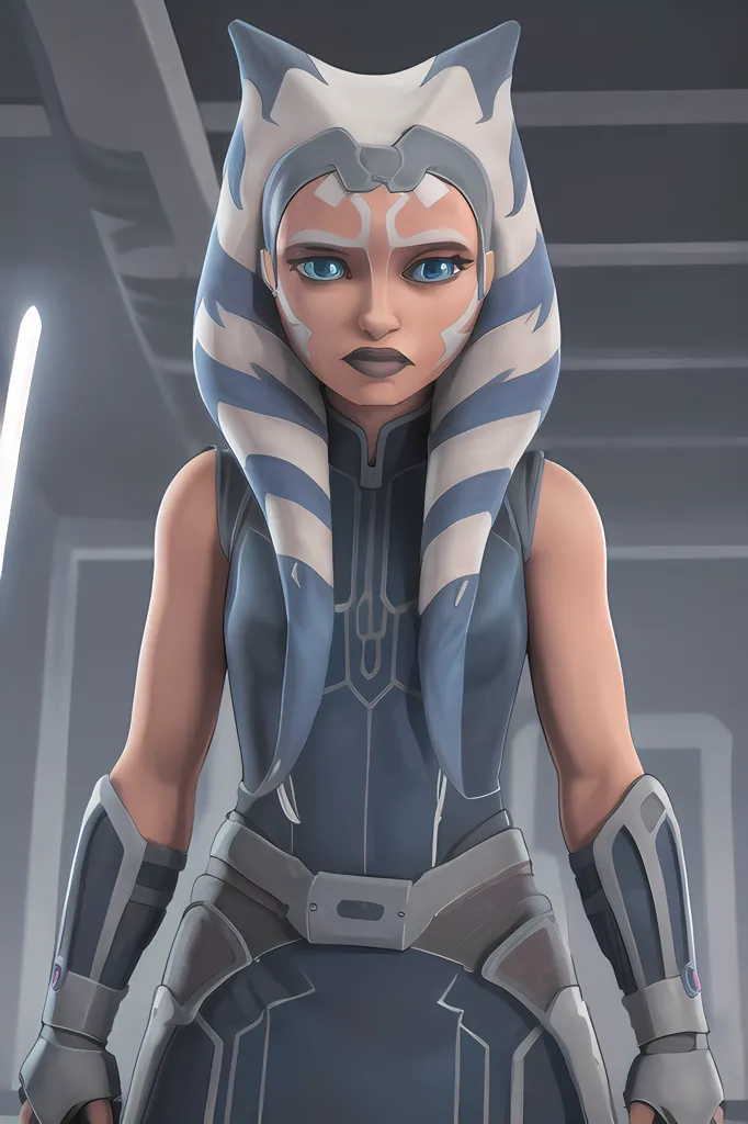 Esta es una foto de Ahsoka Tano del universo de Star Wars. Ella es una Togruta, una especie con montrales (colas de la cabeza) y lekku (tentáculos de la cabeza). Lleva sus montrales en un moño. Lleva un mono azul y gris con un cinturón blanco. Tiene ojos marrones y piel azul oscuro. Está de pie en un pasillo con una expresión seria en su rostro.