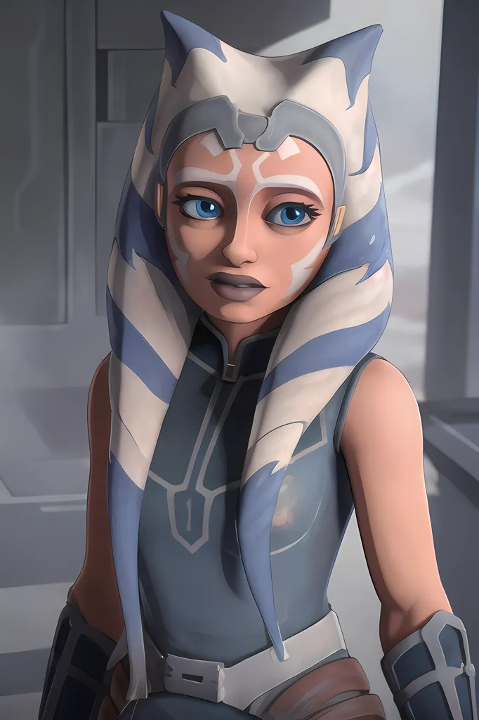 Esta es una foto de una mujer joven de la especie Togruta del universo de Star Wars. Tiene montrales (colas de la cabeza) y lekku (tentáculos de la cabeza) rayados de azul y blanco, y su piel es bronceada. Lleva un mono azul y blanco con cuello alto y un cinturón, y hay un símbolo blanco en su pecho. Tiene una expresión seria en su rostro.