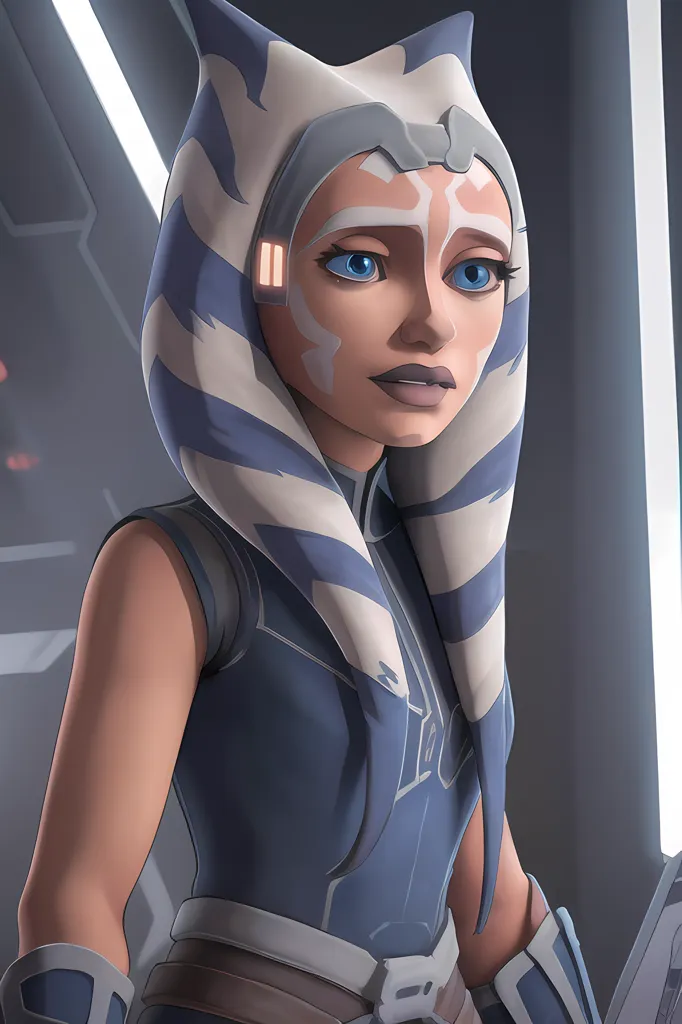 Ini adalah foto Ahsoka Tano, karakter dari waralaba Star Wars. Dia adalah seorang Togruta, spesies dengan montrals, atau ekor kepala, dan montrals, atau sirip kepala. Dia mengenakan montralsnya dalam pola bergaris biru dan putih. Dia juga mengenakan pakaian biru dan abu-abu.