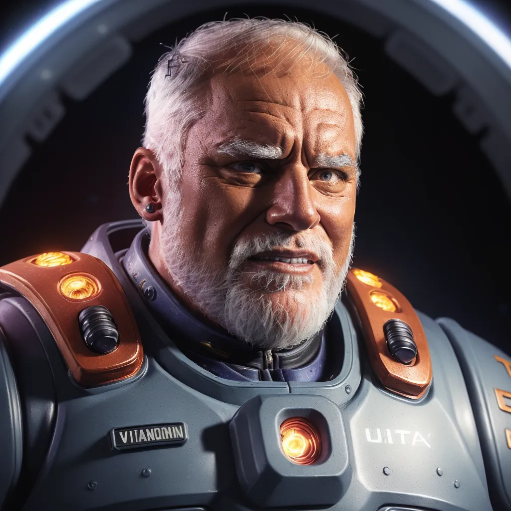 The image shows a close-up of a man's face. He is wearing a gray and orange spacesuit with the word "VITA" on the right and "VIANONIN" on the left shoulder. The spacesuit has several lights on it. The man has white hair and a beard. He is looking at the viewer with a serious expression.