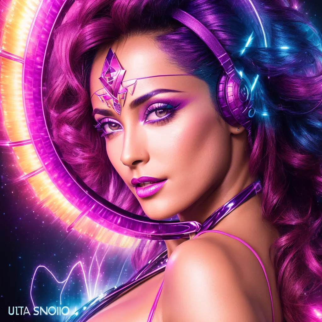 The image is of a woman with purple hair and purple eyeshadow. She is wearing a silver and purple outfit and has a large glowing circle behind her head. She is also wearing headphones. The background is dark with bright lights.