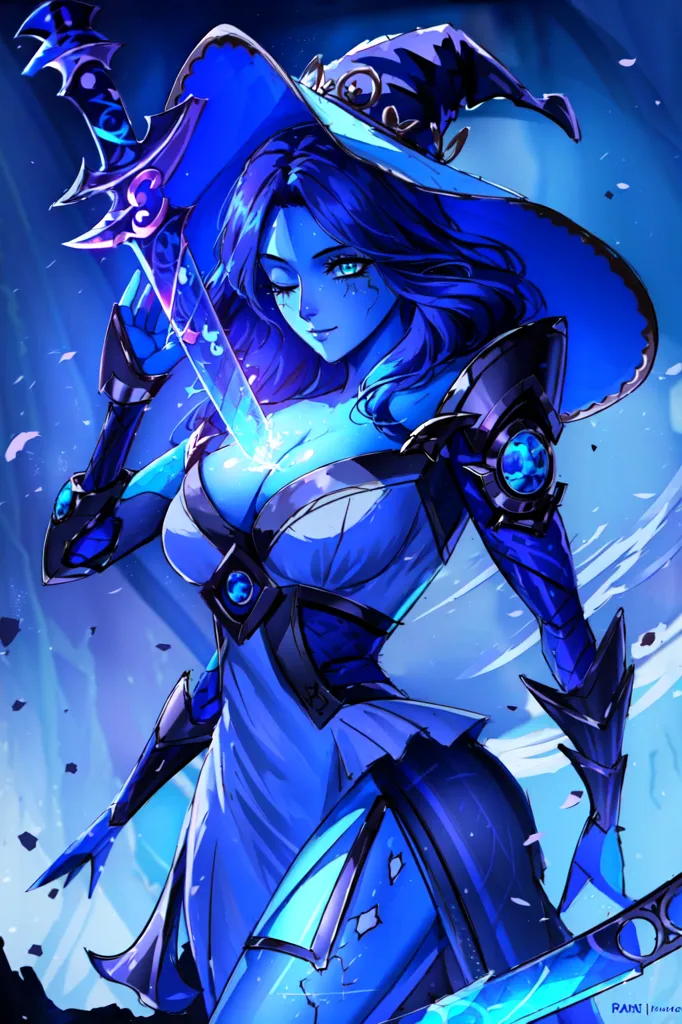 The picture shows a blue-skinned woman wearing a blue and silver outfit. She has long blue hair and blue eyes. She is holding a sword in her right hand. She is standing in a snowy forest. There are two swords floating behind her.