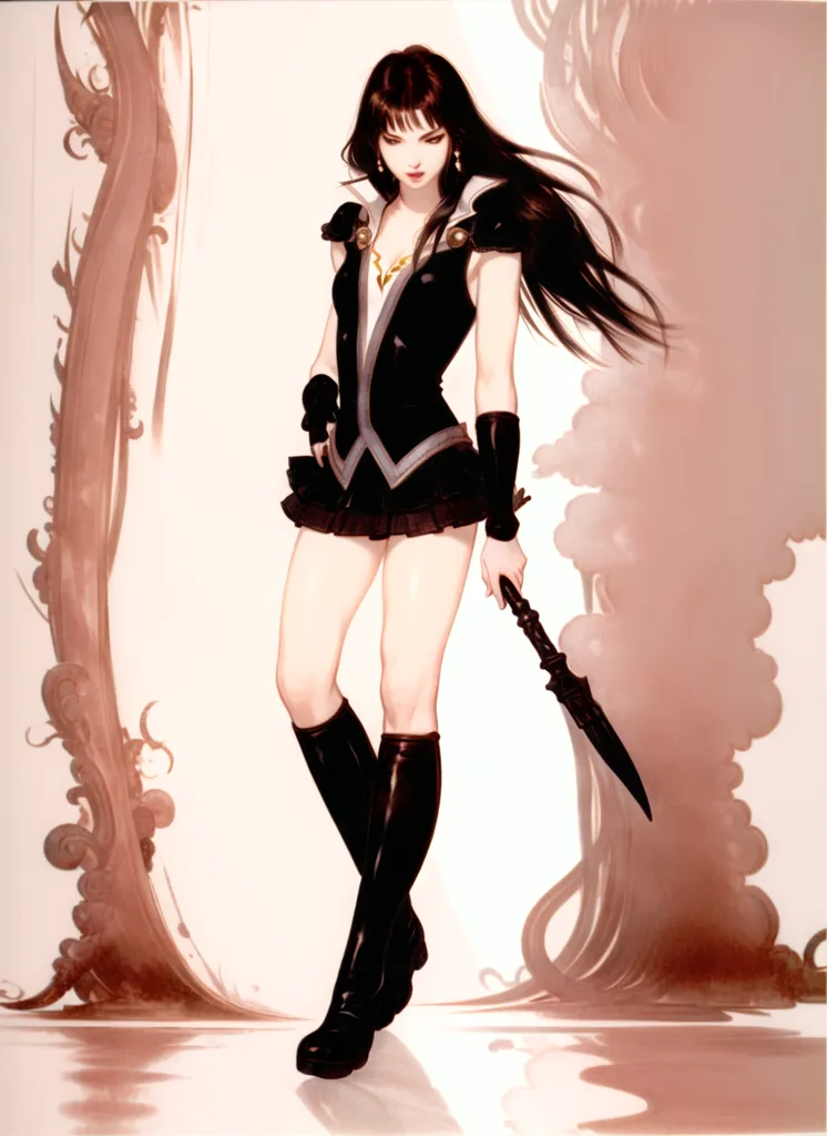 The image is of a young woman with long black hair. She is wearing a black and gray bodysuit-style outfit with a pleated skirt and black boots. She is also wearing a pair of black gloves and a necklace with a pendant. She is standing in a confident pose, with her left hand on her hip and her right hand holding a knife. She has a serious expression on her face. The background is white with some abstract pink shapes on either side.