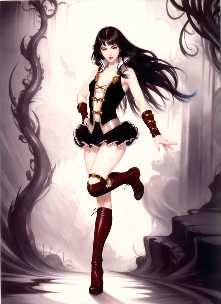 The image is a digital painting of a young woman with long black hair. She is wearing a black and white corset with a black skirt and brown boots. She is standing in a forest, with a large tree behind her. The woman is looking at the viewer with a confident expression.