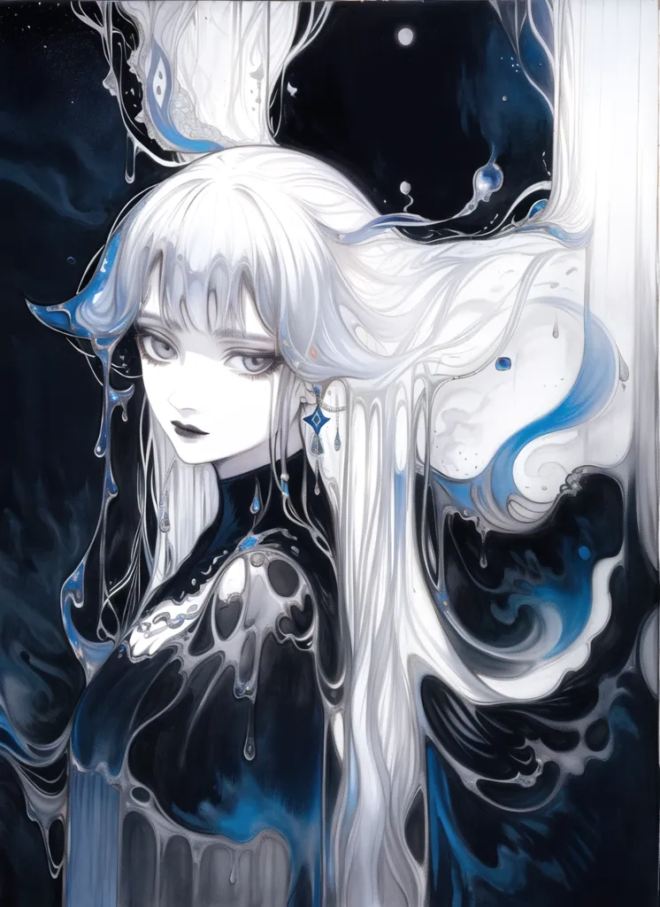 The image is a painting of a woman with long white hair and dark skin. She is wearing a black dress with a white collar. There is a blue gem at the center of her chest. The woman's eyes are closed and she has a serene expression on her face. The background is dark blue and there are several small, bright blue stars in the background.