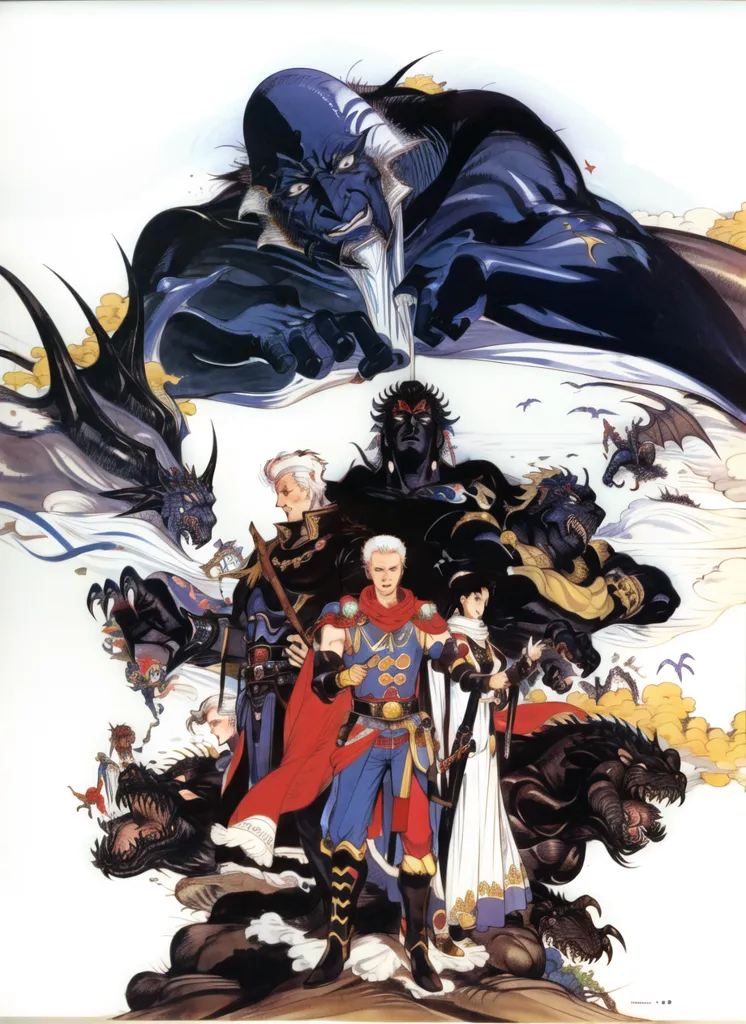 The image is an illustration from the Final Fantasy series of video games. It shows a group of characters from the game Final Fantasy IV. The characters are standing in front of a white background, with a large blue demon behind them. The demon has a long white beard and is wearing a black robe. It is surrounded by several smaller demons, which are also black. The characters are all wearing different types of armor and weapons. The image is drawn in a realistic style, and the colors are vibrant and bright.