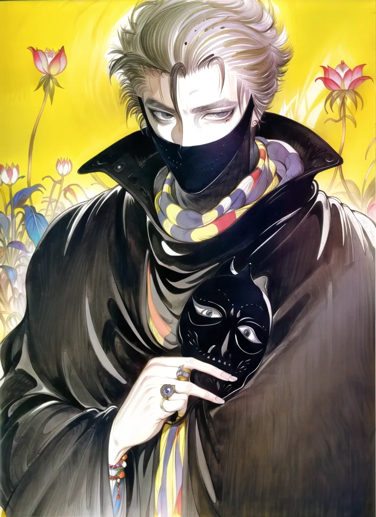 This image shows a man wearing a black mask and a black coat with a yellow scarf. He has one hand on his mask and the other holding a ring. He is standing in front of a yellow background with some red and pink flowers.