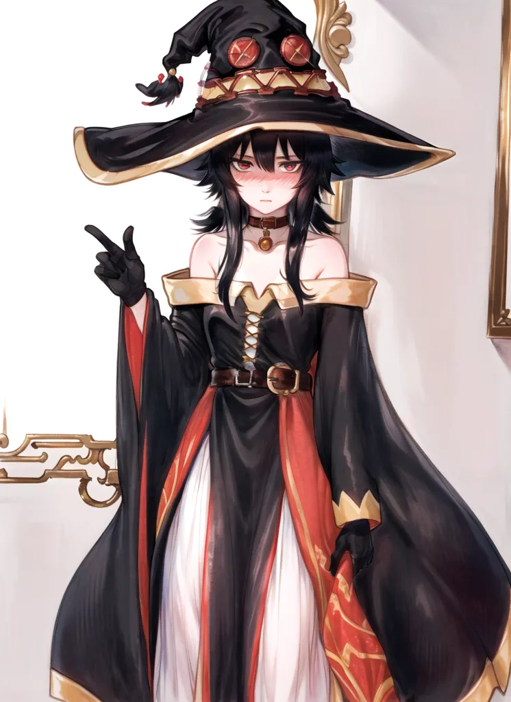 The image is of a young woman with long black hair and red eyes. She is wearing a black and red witch hat with a white undersleeve. The dress is black with red and gold trim and a white camisole. She is also wearing a brown belt with a gold buckle and black gloves. She is standing in front of a white background with a gold frame.