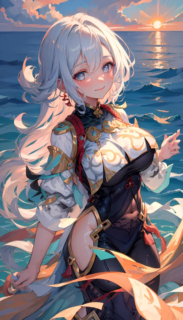 The image is a painting of a young woman with long white hair and blue eyes. She is wearing a white and blue dress with a yellow ribbon tied around her waist. She is standing on a beach, with the ocean behind her. The sun is setting, and the sky is a gradient of orange and yellow. The woman is smiling and has her hand raised, as if she is greeting someone.