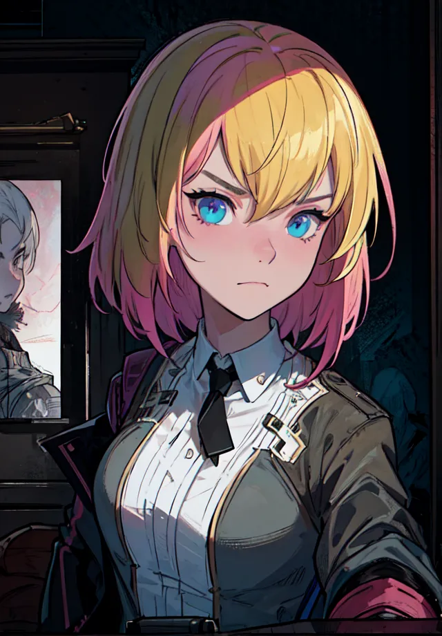 The image is a portrait of a young woman with pink and blonde hair. She is wearing a white shirt and a black tie. The background is dark with a picture of a man with white hair in the back. The woman has blue eyes and is looking at the viewer with a serious expression.