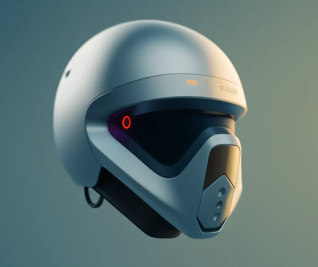 L'image représente un casque futuriste avec une lumière rouge à l'avant. Le casque a une visière qui peut être relevée, et il y a plusieurs évents sur les côtés. Le casque est fait d'un matériau léger et a un ajustement confortable.