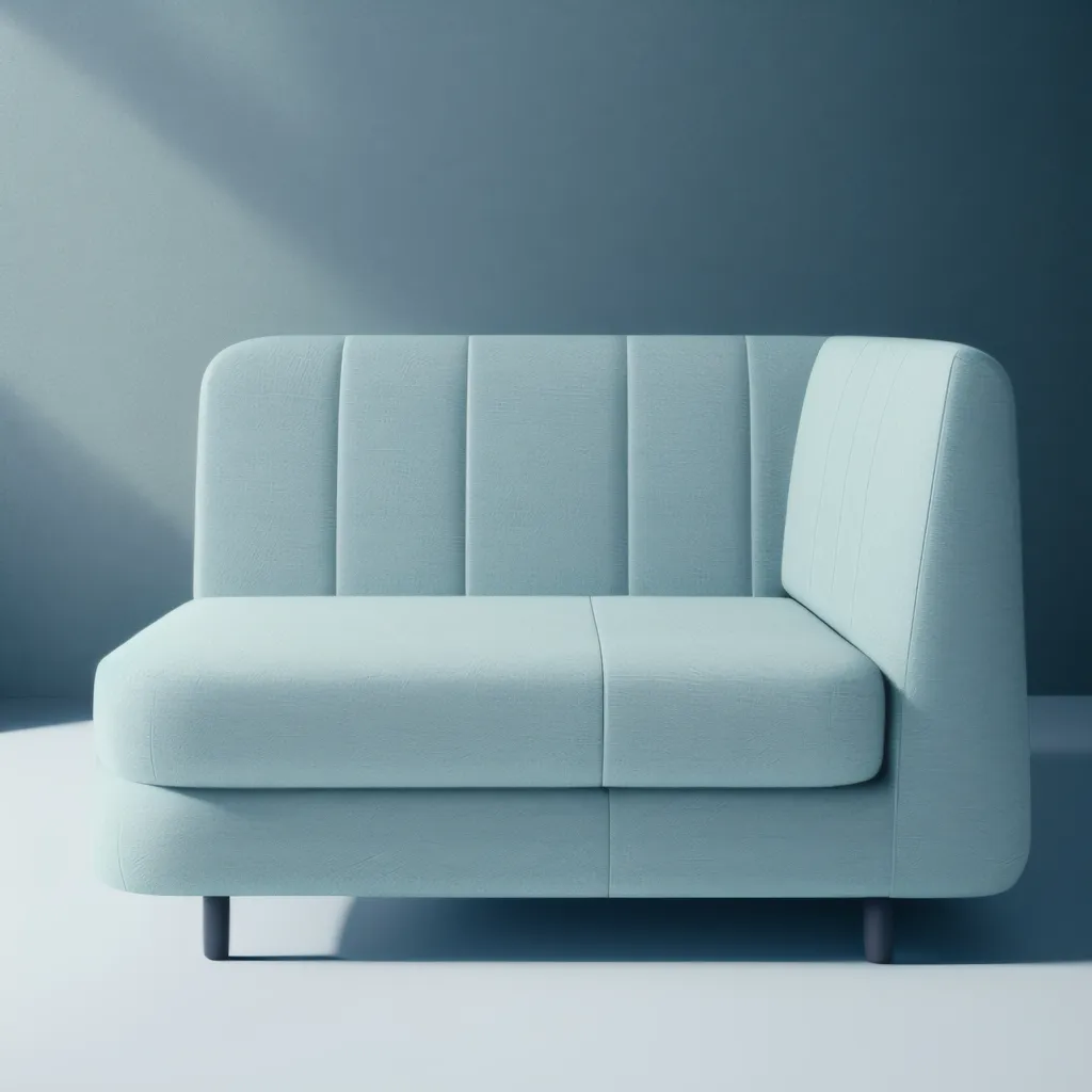 Gambar ini adalah rendering 3D dari sofa sektional kain biru dengan latar belakang biru. Sofa berbentuk L, dengan satu bagian panjang dan satu bagian yang lebih pendek yang membentuk sudut dari bagian yang lebih panjang. Sofa memiliki desain modern dan minimalis, tanpa kaki yang terlihat. Kainnya adalah bahan yang lembut dan berbulu, dengan lipatan vertikal. Sofa terletak di atas lantai putih. Ada sorotan lampu yang menyinari sofa dari sudut kiri atas gambar.