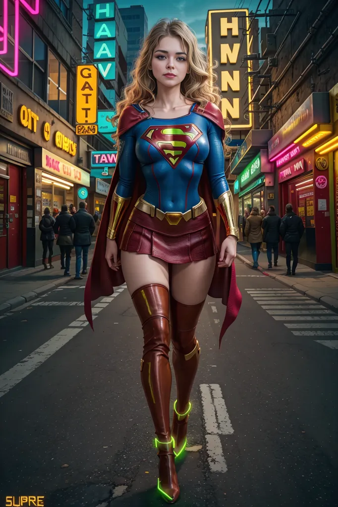 This image shows a woman dressed as Supergirl, a superhero from DC Comics. She is standing in a city street, with a determined expression on her face. She is wearing a blue and red costume, with a yellow belt and a red cape. She is also wearing high boots and green shoes. Her hair is long and blond, and she has blue eyes. There are people walking in the background.