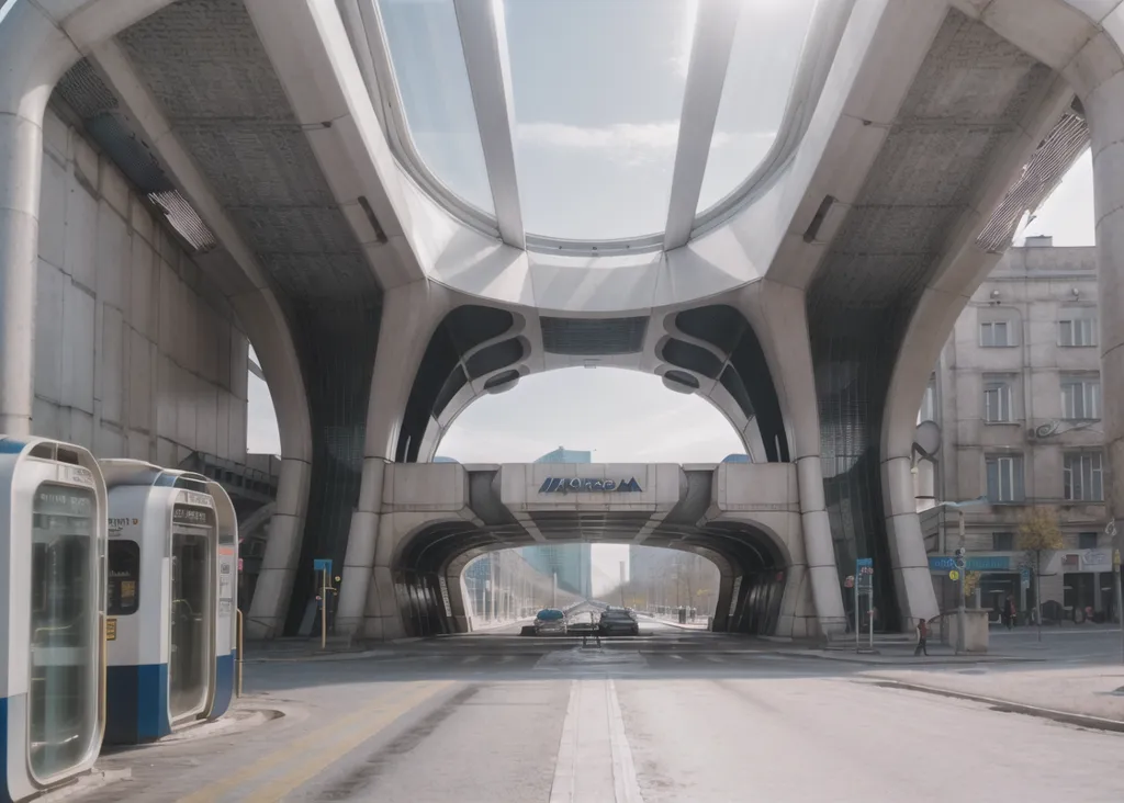 La imagen muestra una ciudad futurista con un gran edificio moderno en el centro. El edificio está hecho de vidrio y metal y tiene una forma curva y orgánica. Está rodeado de una gran plaza con una fuente y varios árboles. La plaza también está rodeada de edificios altos y modernos. La imagen es muy brillante y soleada, y el cielo es de un azul claro. Hay muy poca gente visible en la imagen.