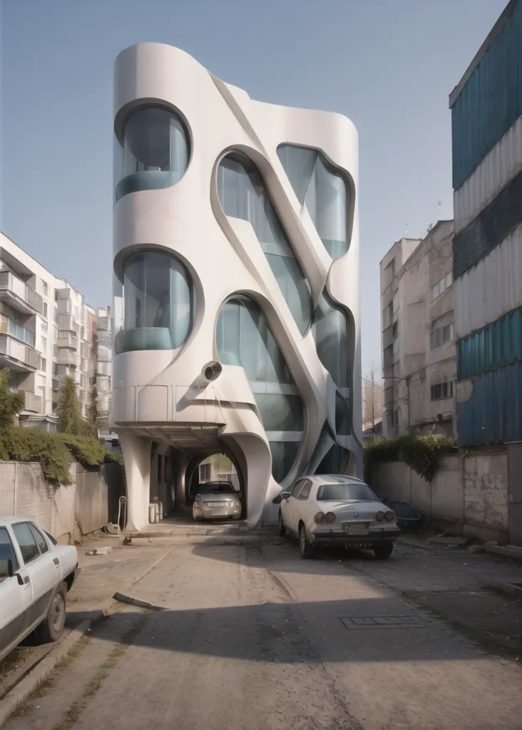 The image is of a modern apartment building with a unique and futuristic design. The building is white and has a curved, organic shape. There are several large windows on the front of the building, and a door leading to the inside. There is also a small garden area in front of the building. The building is located in an urban area, and there are several other buildings in the background.