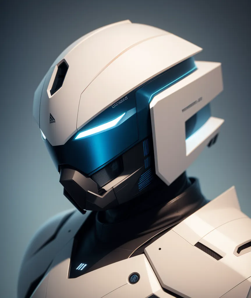 The image is a 3D rendering of a futuristic helmet. The helmet is white and blue and has a visor that is glowing blue. The helmet is also decorated with various blue and white lights.