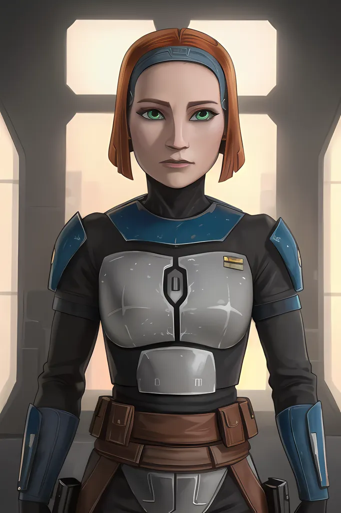 This is an image of a young woman wearing Mandalorian armor. She has red hair and green eyes. She is wearing a black vest with silver shoulder pads and a brown belt. She is also wearing a blue and orange kama. She has a blaster pistol on her right hip.