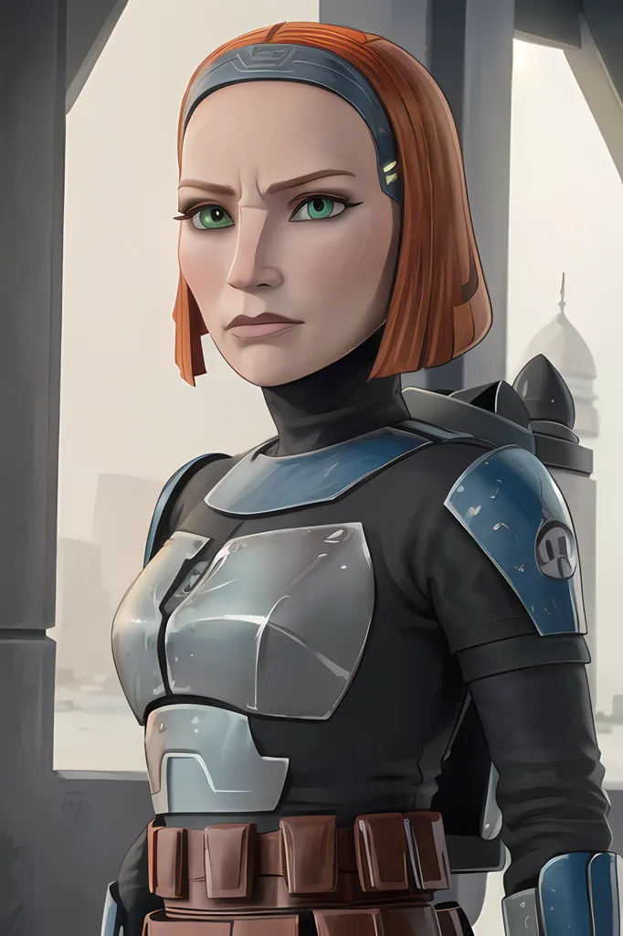 This is an image of Bo-Katan Kryze from the Star Wars universe. She is a Mandalorian warrior and a member of the Nite Owls, a Mandalorian clan. She is depicted as a young woman with red hair and green eyes. She is wearing Mandalorian armor and a helmet with a T-shaped visor. She is also carrying a pair of blasters. The background is a blurred cityscape.