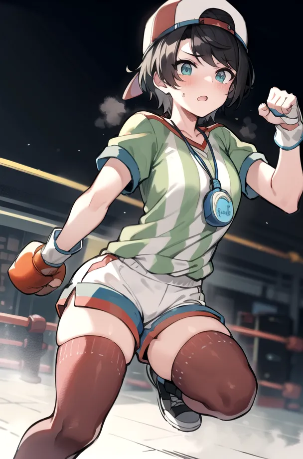 The image depicts a young woman with short brown hair and blue eyes. She is wearing a green and white striped shirt, red and white shorts, and a red and white hat. She is also wearing boxing gloves and has a stopwatch around her neck. She is in a boxing ring and is in a fighting stance.