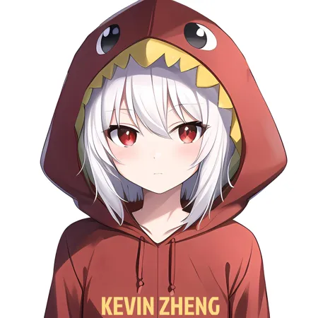 Görüntü, beyaz saçlı ve kırmızı gözlü bir anime tarzı kızı gösteriyor. Üzerinde dinozor yüzü olan kırmızı bir kapüşonlu sweatshirt giyiyor. Dinozor yüzünün sarı gözleri ve siyah dişleri var. Kız, hafif şaşkın bir ifadeyle izleyiciye bakıyor.