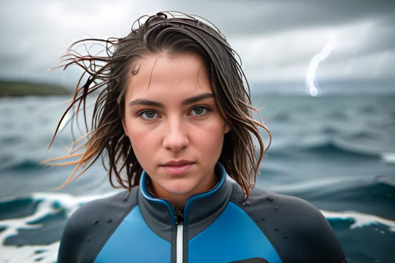 Esta imagem mostra uma jovem mulher em um traje de mergulho em pé no oceano. Ela está olhando para a câmera com uma expressão determinada. Seu cabelo está molhado e seu rosto está corado pelo frio da água. O fundo da imagem é um céu tempestuoso com nuvens escuras e ondas agitadas.