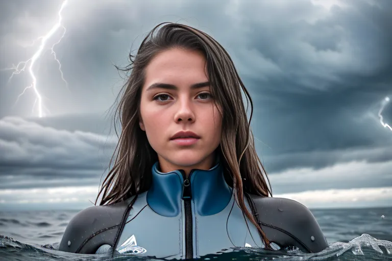 Uma jovem mulher em um traje de mergulho está em pé no oceano. Ela olha para a câmera com uma expressão determinada. A água está agitada e há nuvens de tempestade no fundo. Um raio é visível ao longe. A mulher está usando um traje de mergulho e tem o cabelo preso em um rabo de cavalo. Ela está em pé até a cintura na água. O fundo da imagem é um céu tempestuoso com nuvens escuras e ondas agitadas.