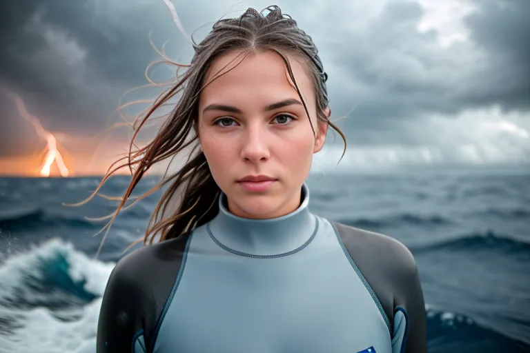 This is an image of a young woman in a wetsuit standing in front of a stormy sea. The woman is looking at the camera with a determined expression on her face. She has long, dark hair that is blowing in the wind and her wetsuit is zipped up to her neck. The background of the image is a stormy sea with large waves crashing against the shore. The sky is dark and there are lightning bolts flashing in the distance.