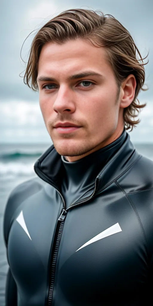 The image shows a young man standing in front of the ocean. He is wearing a black wetsuit with a white zipper. The wetsuit has a white logo on the chest. The man has light brown hair that is wet from the ocean. His blue eyes are looking at the camera. The man has a determined look on his face. He is ready to take on the challenge of the ocean.