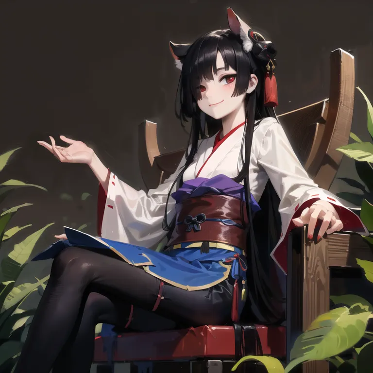 The image shows a young woman with long black hair and red eyes. She is wearing a white kimono with a blue obi and a red haori. She has cat ears and a tail. She is sitting on a chair in a garden, and there are plants in the background.