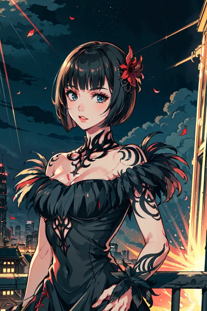 The image is of a young woman with short black hair and blue eyes. She is wearing a black dress with a sweetheart neckline and a black choker. The dress is off the shoulders and has black and red feather-like shoulder pads. She also has a red flower in her hair. She is standing in front of a city skyline at night. The background is dark with bright lights from the city reflecting off the buildings. There are also some red and orange lights in the background. The woman is looking at the viewer with a serious expression.