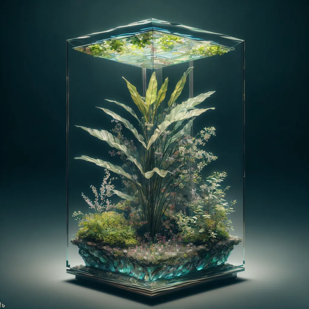 La imagen es un renderizado 3D de un terrario de cristal. Dentro del terrario hay una planta verde frondosa con hojas largas y arqueadas. La planta está rodeada de plantas y flores más pequeñas. El terrario está iluminado por una luz brillante desde arriba. El fondo es de color azul oscuro.