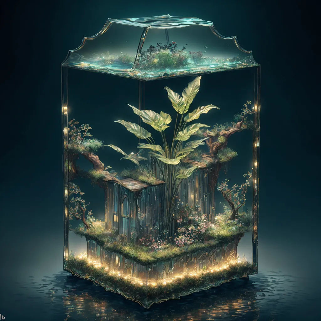 The image is a digital painting of a glass terrarium. Inside the terrarium is a lush green landscape with a variety of plants, including a large tree, several smaller trees, and a variety of flowers and ferns. There is also a small house nestled in among the trees. The terrarium is filled with water. There is a glow coming from the bottom of the terrarium. The terrarium is sitting on a dark blue surface.