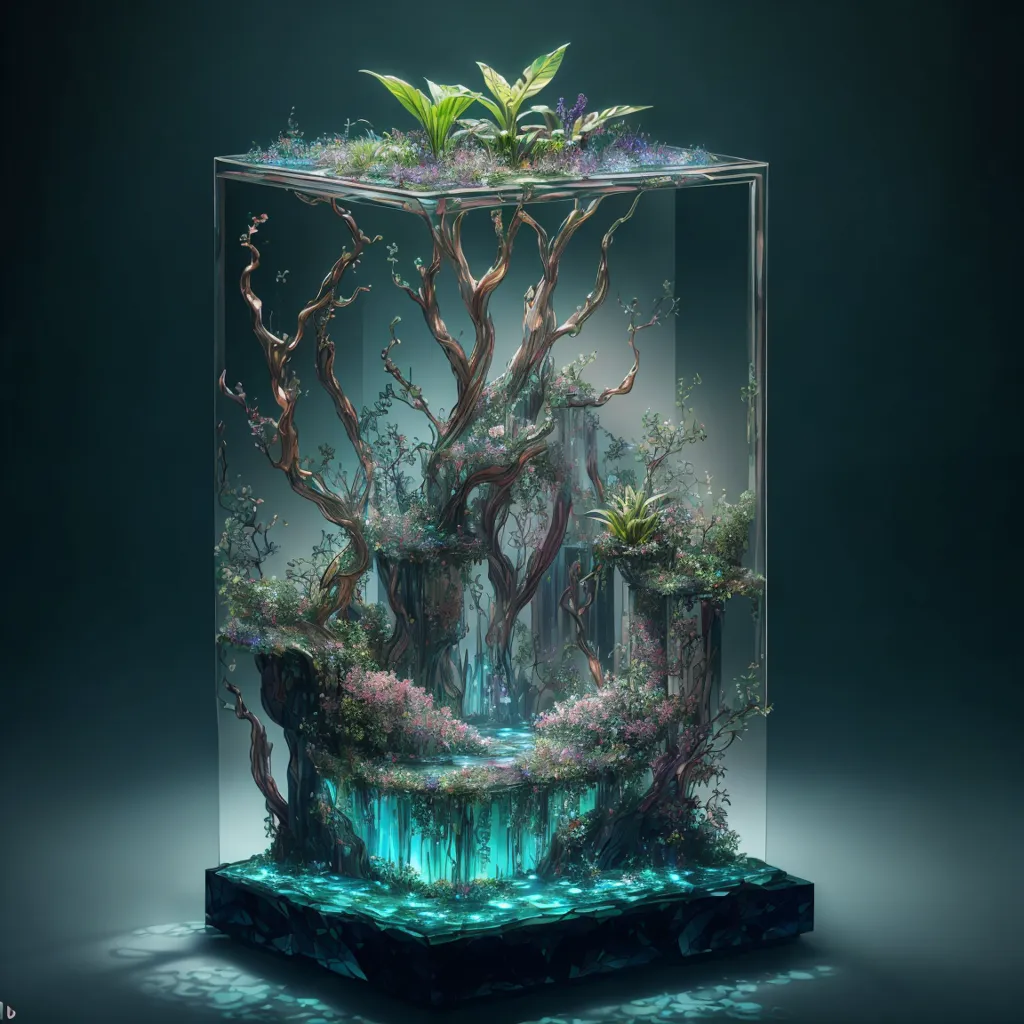 The image is a 3D rendering of a terrarium. Inside the terrarium are several trees, plants, and flowers. The terrarium is made of glass and has a dark background. The light in the terrarium is coming from the top. The terrarium is sitting on a dark surface.