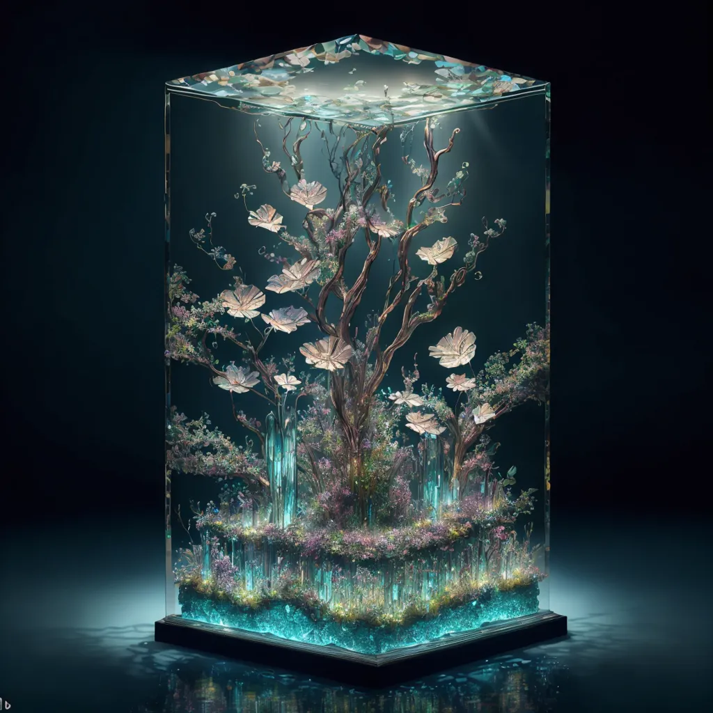 La imagen es un renderizado 3D de un terrario de cristal. El terrario está hecho de un material transparente y tiene una base cuadrada. Dentro del terrario hay un árbol con flores blancas. El árbol está rodeado de cristales de color rosa, azul y verde. También hay un líquido azul en la parte inferior del terrario. El terrario está iluminado por una luz brillante desde la parte superior. La imagen es muy detallada y realista.