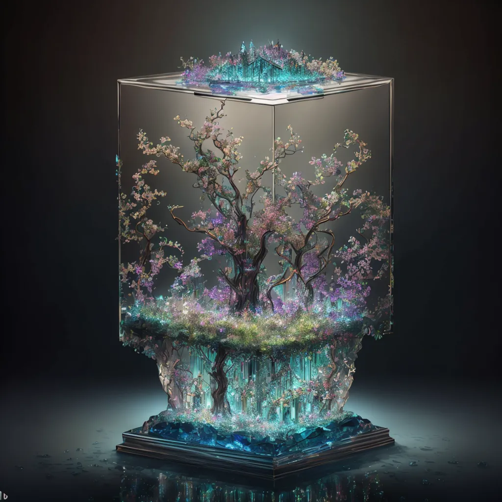 The image is a 3D rendering of a terrarium. The terrarium is made of glass and has a metal frame. Inside the terrarium is a forest with two large trees and several smaller plants. The trees are covered in pink and white flowers. The ground is covered in green grass and flowers. There is a blue river running through the forest. The terrarium is sitting on a reflective surface.