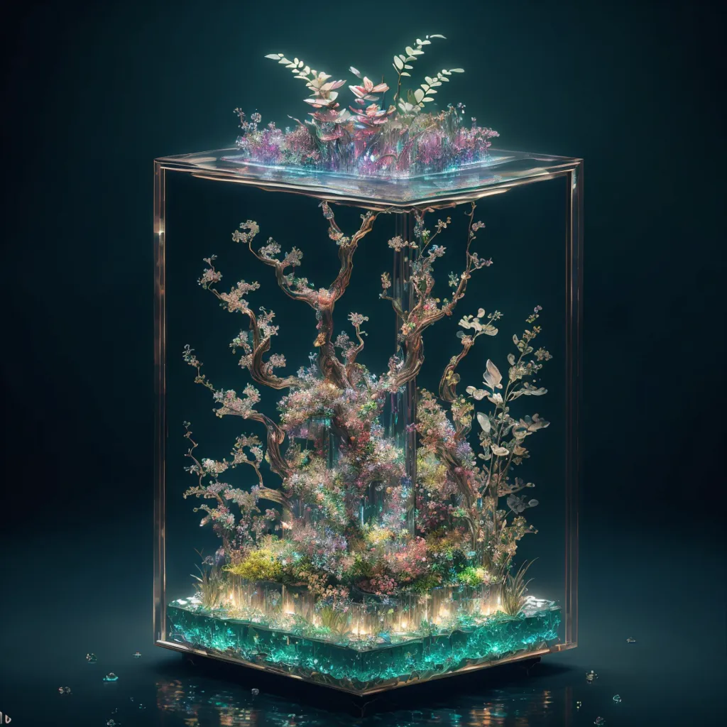 L'image est un rendu 3D d'un cube de verre contenant une forêt miniature. Le cube est rempli de plantes vertes luxuriantes et de fleurs de diverses couleurs, et il y a une petite cascade qui coule le long d'un côté. Le cube est posé sur une surface réfléchissante, et l'arrière-plan est de couleur bleu foncé.