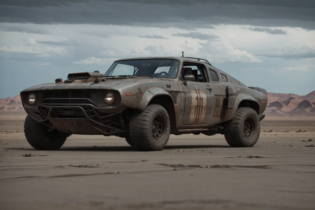 La imagen muestra un vehículo post-apocalíptico en un desierto. El vehículo es un Ford Mustang muy modificado con un motor grande y una jaula de seguridad. Está pintado de un color oscuro y tiene un aspecto desgastado. El vehículo está rodeado de un paisaje desértico arenoso con montañas al fondo. El cielo está nublado y se acerca una tormenta.