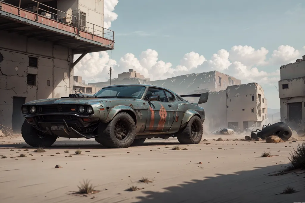 The image shows a post-apocalyptic scene with a rusty and weathered muscle car in the foreground. The car is a classic American muscle car from the 1960s or 1970s, and it has been modified with a number of post-apocalyptic accessories, such as a roof-mounted spoiler, a brush guard, and a set of off-road tires. The car is also covered in dust and dirt, and it appears to have been abandoned for some time.

The background of the image shows a ruined city, with destroyed buildings and rubble everywhere. The sky is cloudy and overcast, and the sun is not visible. The scene is one of desolation and abandonment, and it suggests that the world has been ravaged by some kind of apocalypse.

The image is a still frame from a video game, and it is likely that the player will be able to explore the ruined city and interact with the car. The image is also a good example of the type of post-apocalyptic imagery that is often found in video games.