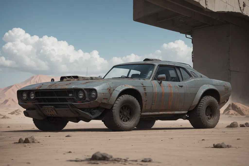The image shows a post-apocalyptic car. It is a two-door muscle car with a large engine and a spoiler on the back. The car is painted in a light gray color and has a lot of rust on it. The car is also very dirty and looks like it has been driven through a lot of rough terrain. The car is parked in a sandy area with a large concrete structure in the background. The sky is cloudy and there are mountains in the distance.