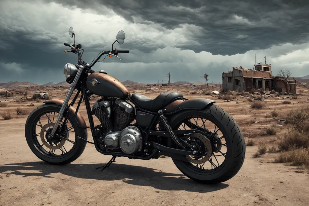 L'image montre une moto noire et brune garée dans un désert. La moto est un style chopper avec un cadre long et bas et un guidon haut. Elle a une selle en cuir noir et un réservoir d'essence brun. La roue avant est plus grande que la roue arrière, et la moto a un tuyau d'échappement chromé. Il y a un bâtiment en ruine à l'arrière-plan. Le ciel est nuageux et il y a des montagnes à l'horizon.