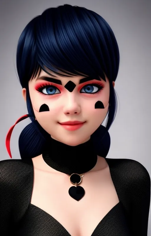 The image shows a young woman with blue hair and blue eyes. She is wearing a black bodysuit with a red ribbon in her hair and a black choker with a red heart-shaped pendant. Her face is painted with black and red makeup. She is smiling.