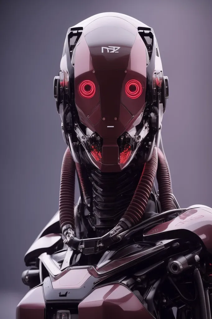 The image is a portrait of a robot. The robot has a red and gray helmet with a clear visor. Its eyes are glowing red, and there are red lights on its cheeks. The robot's body is black and gray, and it has a lot of wires and tubes attached to it. It is wearing a black vest with a red stripe down the middle. The background of the image is a dark gray.