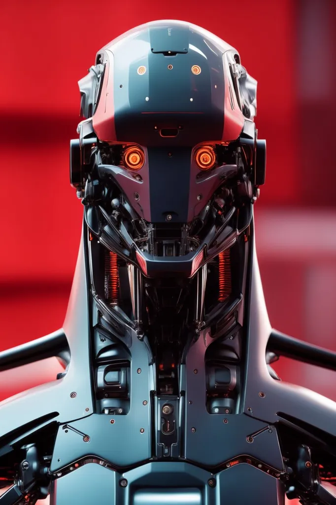 The image is a close-up of a robot's head. The robot has a black and grey metal exterior with red lights for eyes. The robot's eyes are glowing orange, and its mouth is slightly open. The background is a deep red.