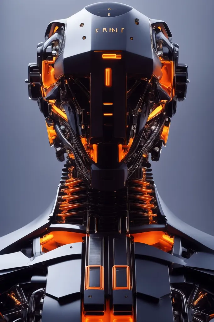 The image is a 3D rendering of a robot head and neck. The robot is made of black metal and has orange glowing details. The head is smooth and round, with a small mouth and a large visor-like eye. The neck is long and thin, with several cables and wires running down it. The robot is looking straight at the viewer.