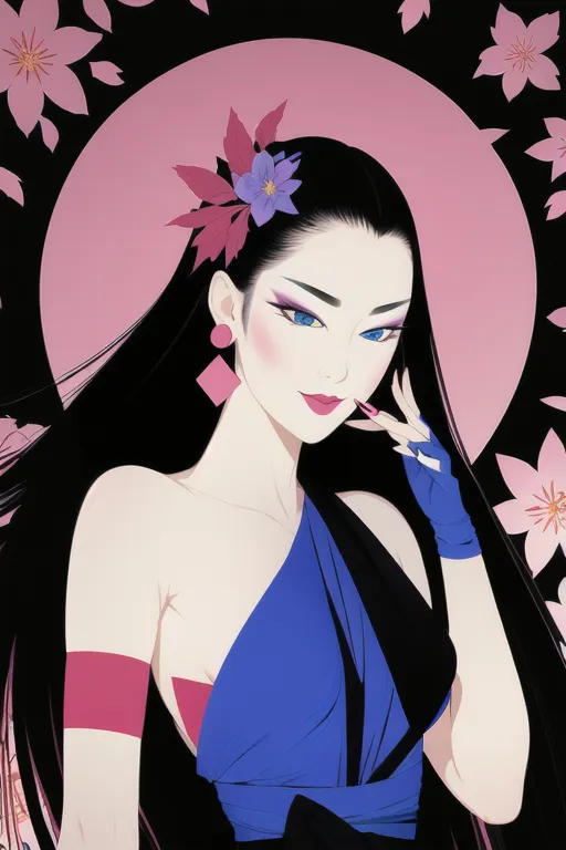 The picture shows a young woman with long black hair. She is wearing a blue dress with a pink sash. There are pink and blue flowers in her hair and she is wearing blue earrings. The background is a dark pink circle with white and pink cherry blossoms. The woman has a confident expression on her face and is looking at the viewer.