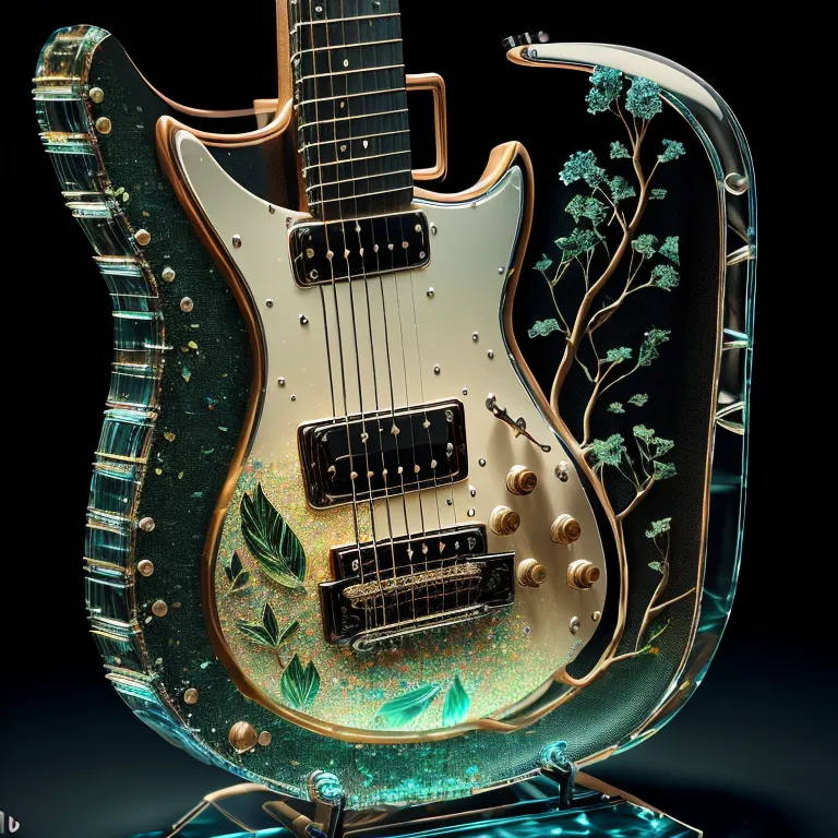 La imagen muestra una guitarra eléctrica hecha de material transparente con elementos verdes y dorados. La guitarra tiene una placa de protección blanca y un diapasón marrón. Hay hojas verdes y flores doradas incrustadas en el cuerpo de la guitarra. La guitarra está colocada en un soporte.