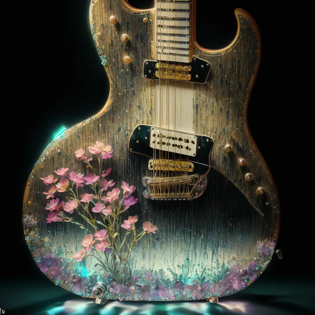 La imagen es de una guitarra eléctrica. El cuerpo de la guitarra está decorado con un patrón floral. Las flores son de color rosa, morado y azul. La guitarra está iluminada por un foco. El fondo es negro. La guitarra está hecha de madera. El mástil de la guitarra es de color marrón. Las cuerdas de la guitarra son de color plateado. La guitarra tiene un acabado brillante.